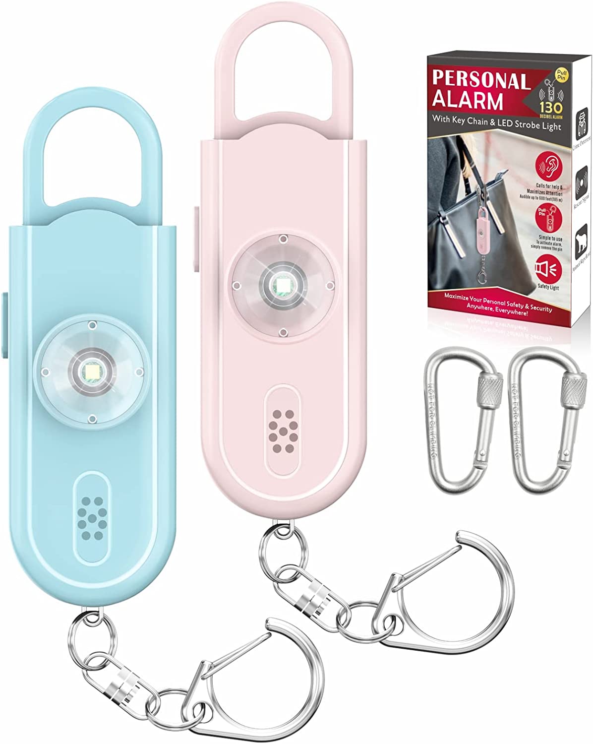 Safe Sound Personal Alarm, 2 Pack 130 dB Loud Siren Song Emergency Security Alarm Keychain with Strobe LED Light, Personal Sound Safety Siren for Women, Men, Children, Elderly